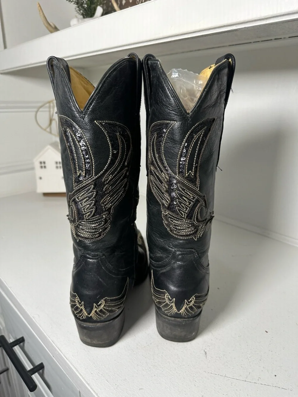 Rudel Womens 6.5E Black Leather Cowboy Boots Wing Stitch Western Embroidered - Picture 7 of 10